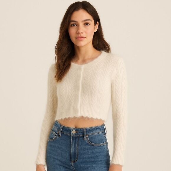 Express White Cream Cable Knit Cropped Wool Angora Soft Cardigan Sweater - Picture 1 of 7